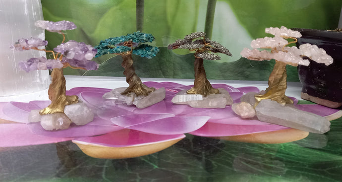 Little Chrysocolla, Amethyst, Rose Quartz & pyrite tree Set on  White Quartz  Base Great for Gift