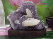 Load image into Gallery viewer, Amethyst Geode inlaid with white quartz set on Wood Base, Raw Amethyst Cluster
